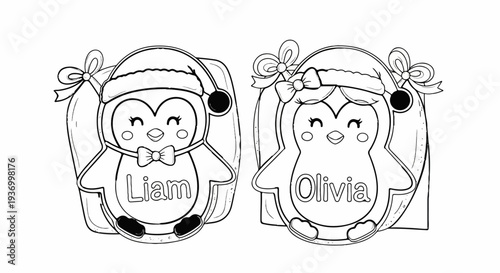 Two cute cartoon penguins wearing Santa hats and bow ties for Christmas