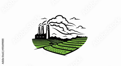 Industrial chimneys emit smoke over lush green terraced fields