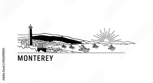 Stylized drawing of a coastal town with boats at sunrise and a prominent lighthouse