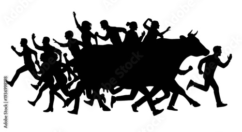 Black silhouette of people running with a bull