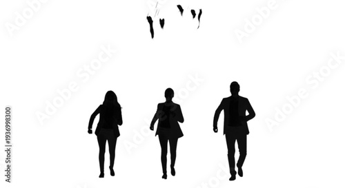 Silhouette of three people running with birds flying above them