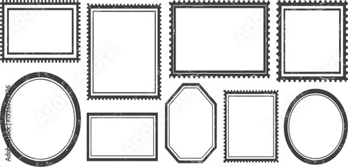 Vintage postage stamp frame collection set with various shapes for photo decoration, philately mail borders, vector
