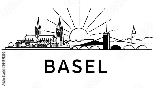Stylized city skyline with a sunrise and the word Basel below