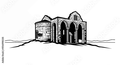 Stone ruins of an ancient building atop a hill under a clear sky