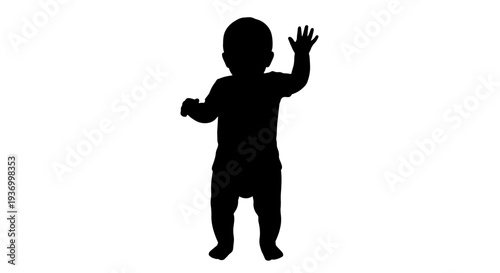 Black silhouette of a baby standing and waving with one hand on a white background.