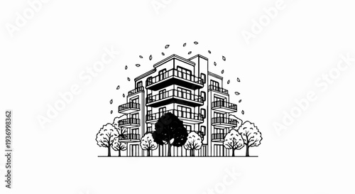 Stylized line art of a modern apartment building with balconies and trees in autumn