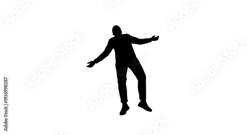A black silhouette of a man dancing with arms outstretched on a white background, full body shot.