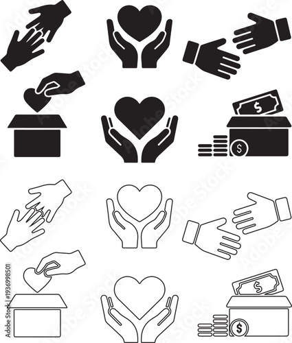 Donation and charity icon collection. Vector symbols representing giving, helping hands, support and nonprofit fundraising concepts..eps