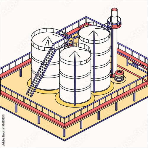 Industrial energy complex with layered platforms and storage tanks