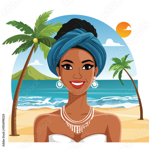 Woman with turban at beach with palm trees and ocean illustration