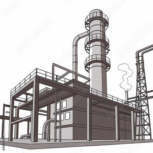 Industrial processing facility with smokestack and pipes
