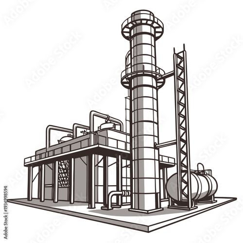 Metallic refinery station with cylindrical tower and industrial pipes