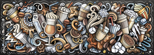 Vector doodle chalkborad illustration of iced latte and cold coffee drinks with cups, beans, ice, milk, and cafe elements. Ideal for coffee shops, summer drinks, packaging, menus, and branding project