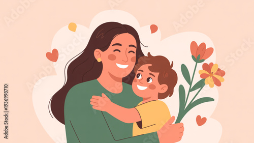 Happy mother and child hugging with flowers and hearts around them showing love and affection