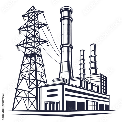 Power plant with transmission tower and smokestacks