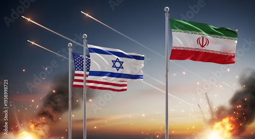 Israel, USA, and Iran Flags Amid Missile Strikes and War Conflict. AI Generated