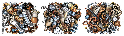 3D doodle iced coffee banner collage with colorful takeaway drinks, cups, beans and swirls, perfect for summer cafe menus, packaging, posters, branding. Vector illustration