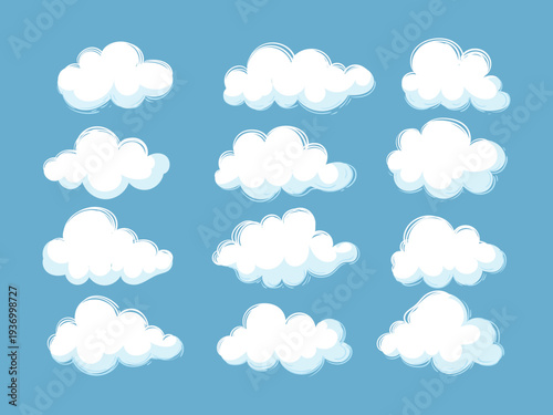 White clouds set isolated on blue background vector icon sign and symbol. Nature sky element collection.