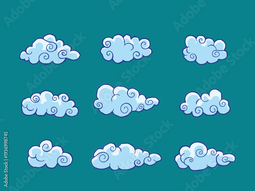 White clouds set isolated on blue background vector icon sign and symbol. Nature sky element collection.
