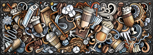 Vector doodle chalkborad illustration of iced latte and cold coffee drinks with cups, beans, ice, milk, and cafe elements. Ideal for coffee shops, summer drinks, packaging, menus, and branding project