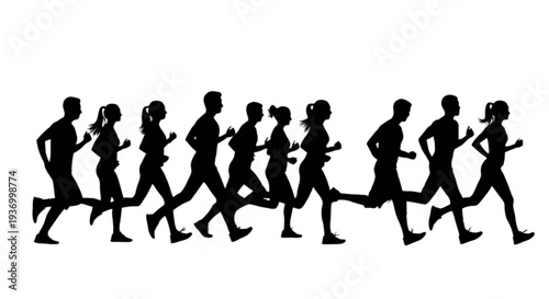 Black silhouettes of people running in a line