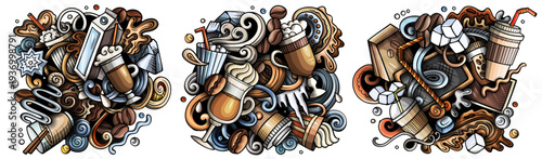 3D doodle iced coffee banner collage with colorful takeaway drinks, cups, beans and swirls, perfect for summer cafe menus, packaging, posters, branding. Vector illustration