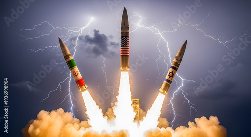 Geopolitical Conflict Concept: Missiles with USA, Iran, and Israel Flags Launching. AI Generated