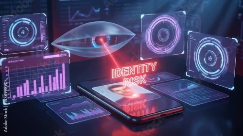 Wallpaper Mural Identity risk concept biometric eye scan projecting holographic security and surveillance interfaces over smartphone with data charts, privacy threat analysis, and futuristic risk visualization Torontodigital.ca