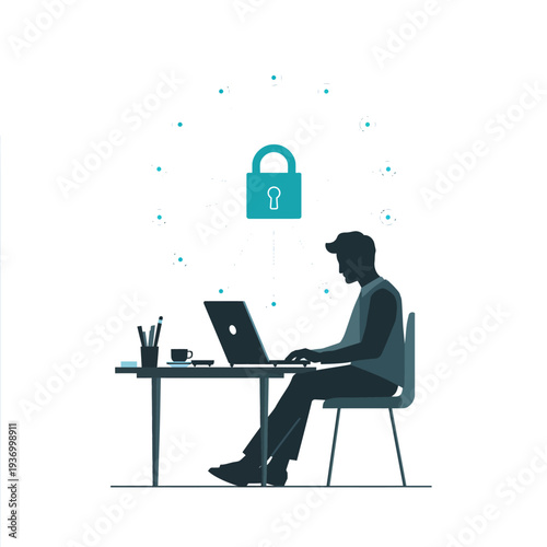Man working on laptop with secure lock symbol above
