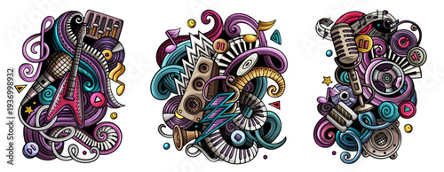 Disco music cartoon vector doodle designs set. Colorful detailed compositions with lot of musical objects and symbols. Isolated on white illustrations