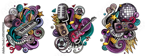 Disco music cartoon vector doodle designs set. Colorful detailed compositions with lot of musical objects and symbols. Isolated on white illustrations