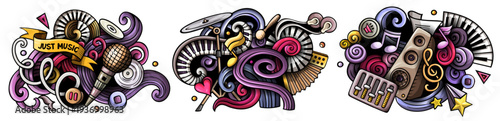 Set of vibrant 3D music doodle banners featuring instruments, notes, and abstract swirls in a playful, colorful cartoon style. Perfect for creative audio, festival, or concert designs.