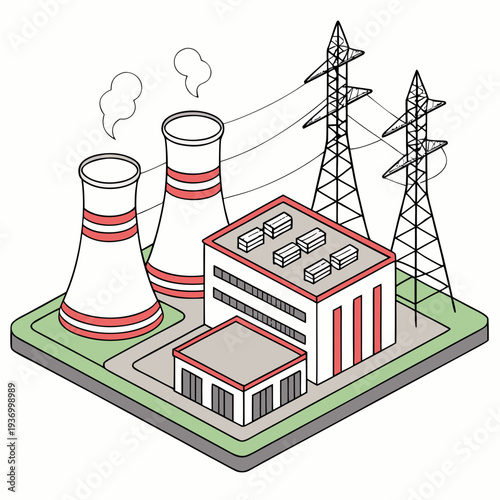 Isometric view of a thermal power plant with cooling towers and transmission towers