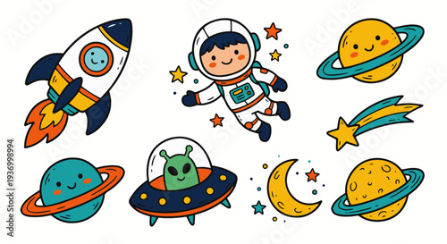 A fun vector doodle set of space-themed elements for a children’s party invitation. Includes a smiling rocket ship blasting off, a cheerful astronaut character, planets with rings, a little alien