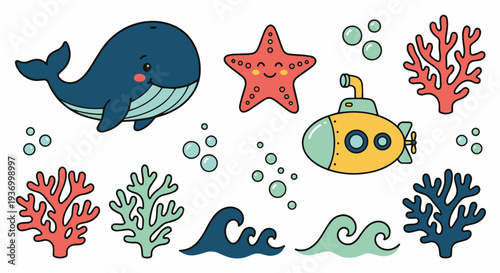 A collection of adorable vector doodles for a baby shower or toddler’s birthday invitation. Features a friendly happy whale, a cheerful starfish, a little submarine, coral formations, tiny bubbles