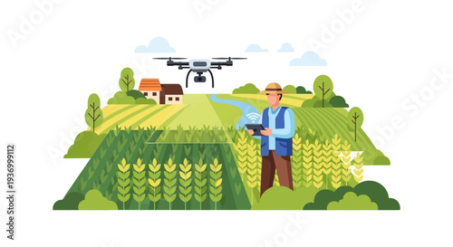 Smart Farming Drone Technology: Farmer Monitoring Crops in Field using Tablet. Precision Agriculture Vector Illustration.