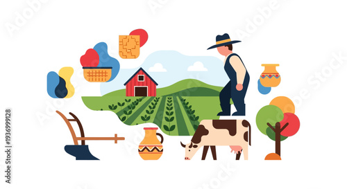 Flat Vector Illustration of Farming and Agriculture Concept: Farmer, Barn, Cow, Crops, and Rural Life Elements.
