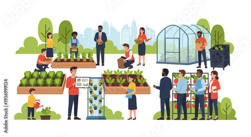 Urban Farming and Community Garden Illustration: Diverse Group Working Together on Sustainable Agriculture, Raised Beds, Greenhouse, and Vertical Farm.