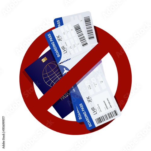 Crossed out Passport and boarding pass. Symbol of rejection or invalidity. Pariah state passport or weak passport concept. Not approved and rejected visa. Vector illustration