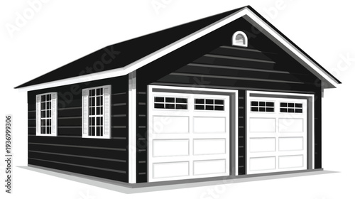 A black and white illustration of a two-car garage with windows and a small attic vent