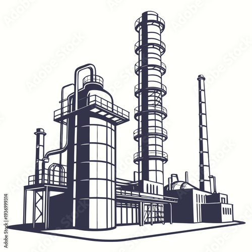 Industrial refinery complex with twin emission stacks 1