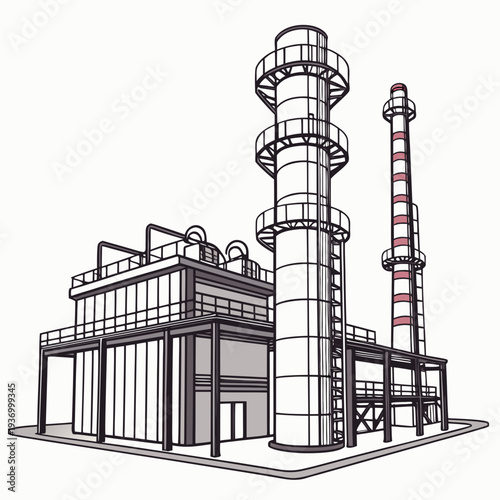Industrial refinery complex with twin emission stacks 2