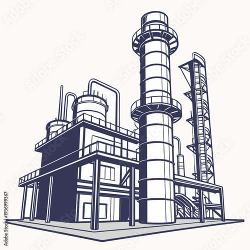 Industrial refinery complex with twin emission stacks