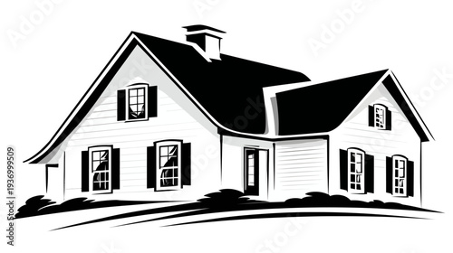 Black and white illustration of a house with multiple windows, shutters, chimney, and a minimalist design