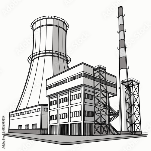 Of a power station complex with cooling tower and smokestack