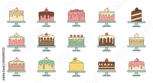 Set of delicious cake icons in flat line art style with pastel colors for bakery and celebration designs