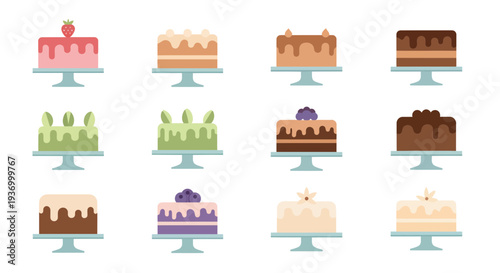 Set of minimalist cake icons on stands, flat vector illustrations of various flavors like chocolate, strawberry, matcha, and vanilla for bakery menu and celebration design.
