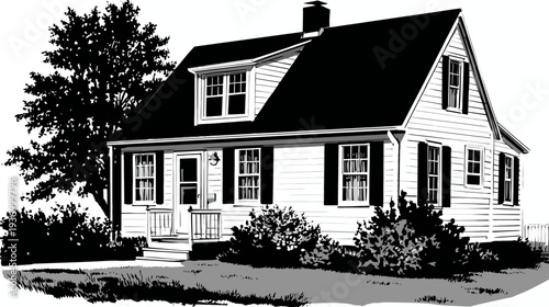 A black and white illustration of a house with a gable roof, trees, and shrubbery