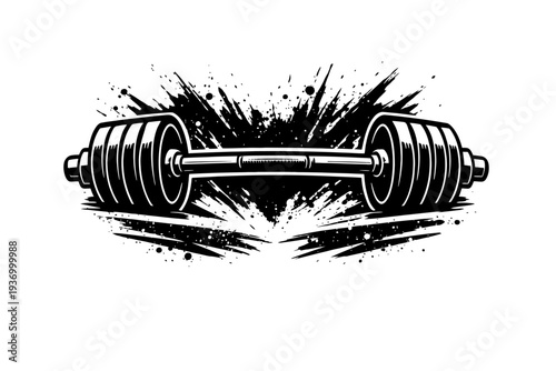 Powerful Barbell Vector Icon with Explosive Grunge Splatter. Dynamic Black & White Graphic for Fitness, Gym, Weightlifting, Strength Training. Represents Power, Dedication, Intense Workouts. Bold, Mod