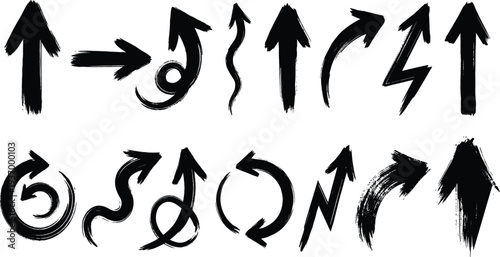Hand drawn arrow symbols collection with grunge brush style directions, dynamic sketch arrows set for navigation icons,